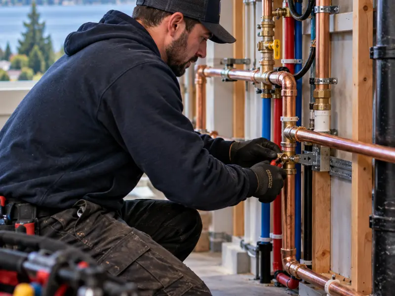 Plumber in work gloves connecting copper water lines and PEX pipes in a framed wall during a plumbing installation.
