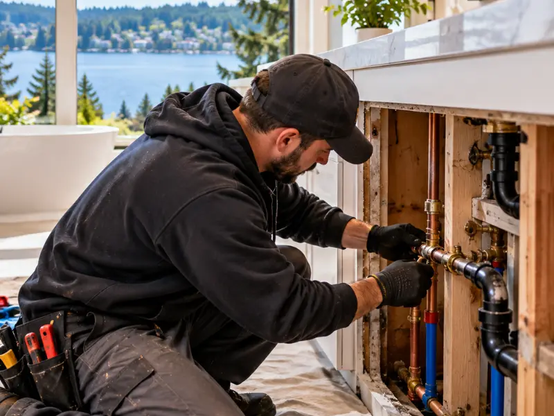 Plumber working on copper supply lines and a black drain pipe inside an open wall cavity next to a bathroom vanity.