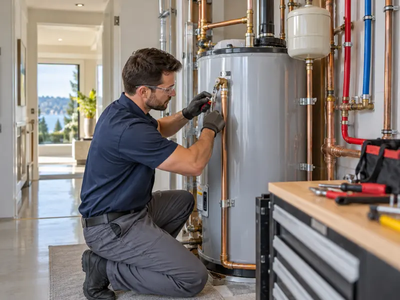 Plumber wearing safety glasses and gloves repairing a tank water heater and its copper pipe connections. Plumber wearing safety glasses and gloves repairing a tank water heater and its copper pipe connections.