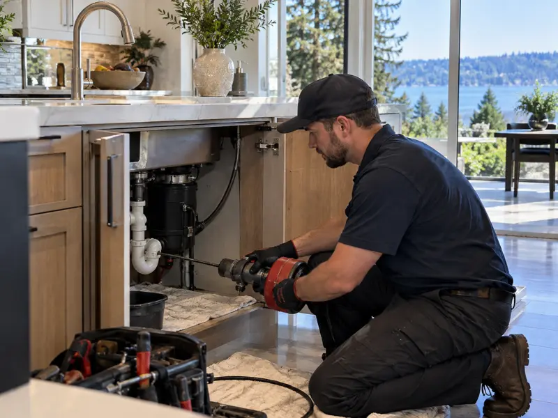 Plumber kneeling under a kitchen sink using a drain auger to clear a clogged drain near the garbage disposal. Plumber kneeling under a kitchen sink using a drain auger to clear a clogged drain near the garbage disposal.