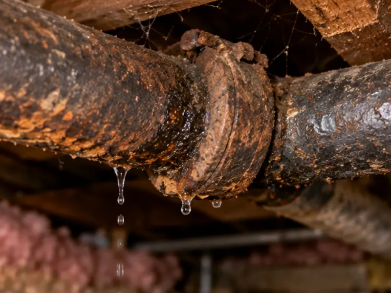 Rusted cast iron waste line leaking water at a pipe joint in a crawl space, needing replacement.
