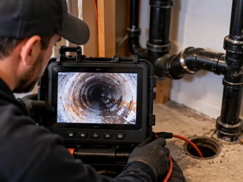 Plumber reviewing a sewer camera monitor showing corroded pipe interior before waste line replacement.