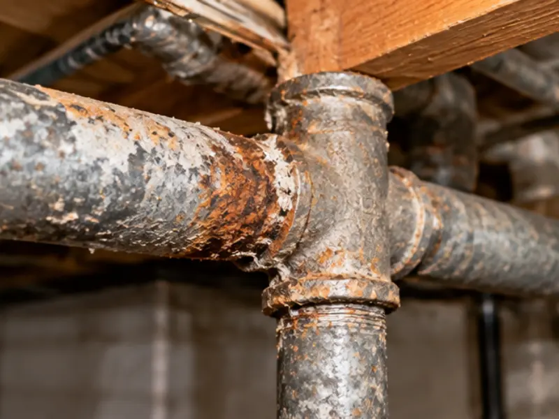 Corroded galvanized steel pipe with rust buildup at a tee fitting under floor joists, due for replacement.