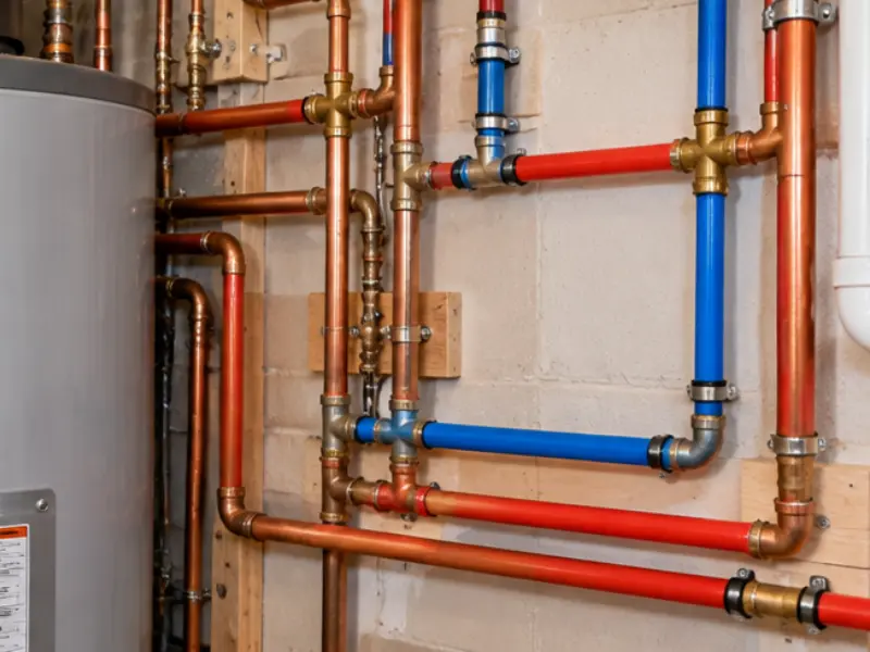 New copper and PEX water supply lines beside a water heater after galvanized pipe replacement.