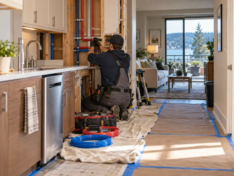 Plumber reviewing repiping plans with a property manager in a commercial mechanical room lined with copper and PEX piping and expansion tanks. Plumber reviewing repiping plans with a property manager in a commercial mechanical room lined with copper and PEX piping and expansion tanks.