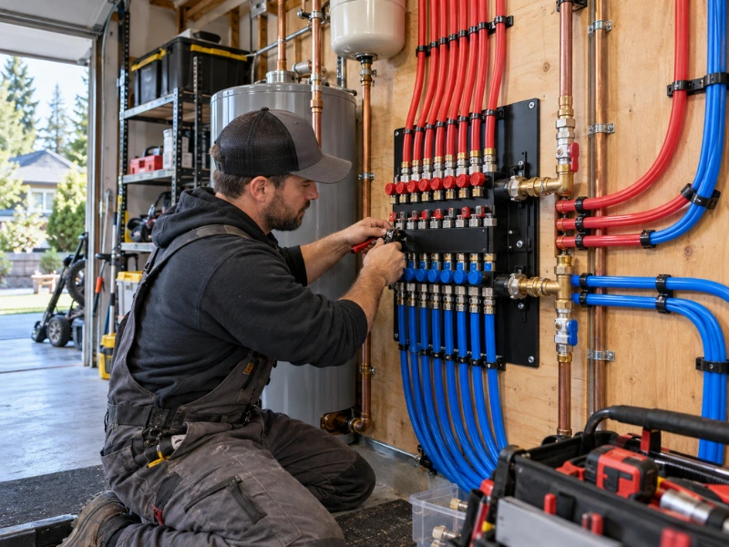Repipe specialist adjusting a PEX manifold with red and blue lines and copper fittings beside a water heater in a garage during a whole-house repipe.