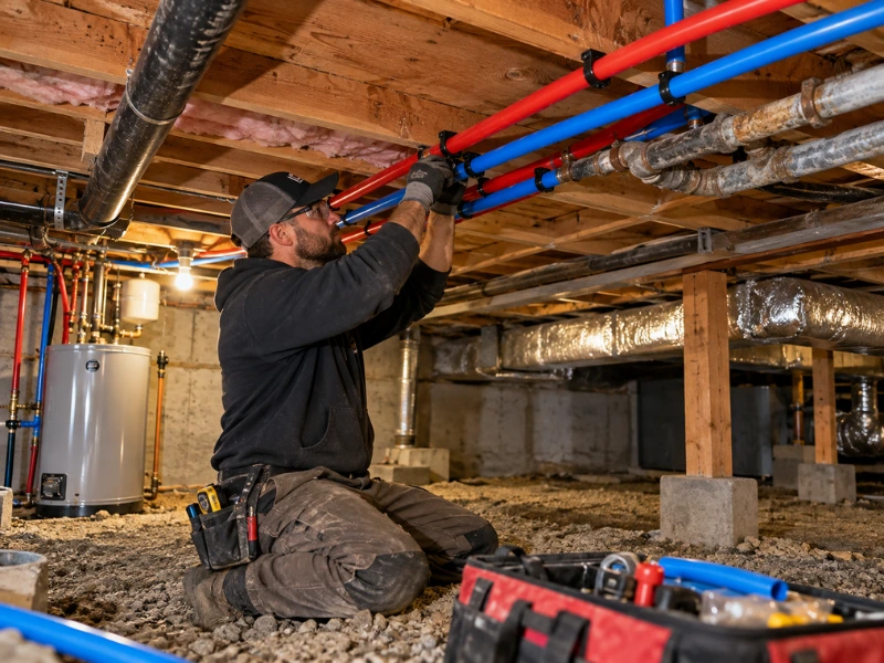 Repipe specialist installing red and blue PEX pipes overhead in a crawl space with a water heater and ductwork in the background.