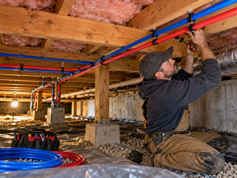 Plumber installing red and blue PEX water lines along the floor joists of a crawl space during a whole-house repipe.