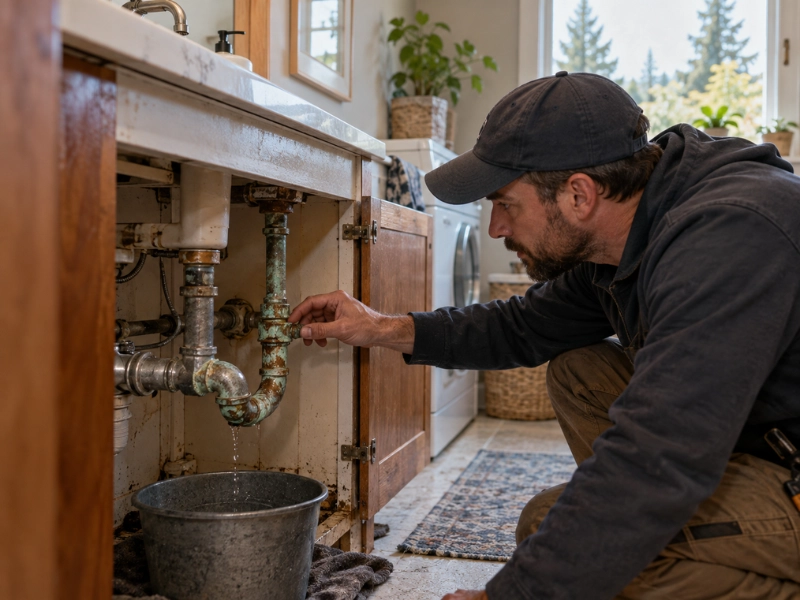 Plumber inspecting a corroded, leaking pipe under a bathroom vanity, with a bucket catching drips, a sign a house repipe is needed.