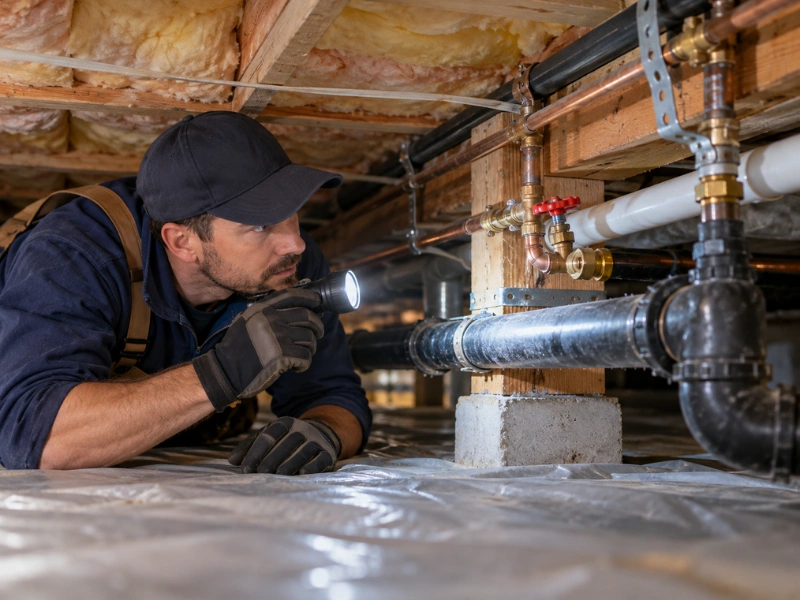 Plumber with a flashlight inspecting copper, PVC, and cast iron drain pipes under a house in a crawl space.