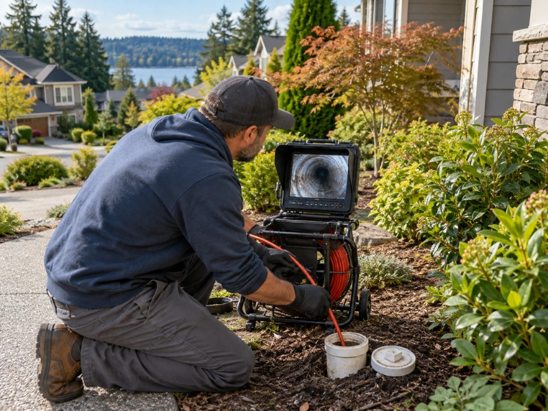Plumber using a sewer camera through an outdoor cleanout to inspect a home’s drain line, with the pipe view on the monitor.