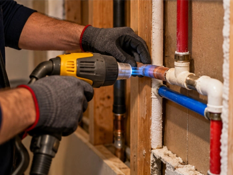 Plumber in work gloves using a torch to solder a copper pipe joint inside an open wall during an emergency burst pipe repair. Plumber in work gloves using a torch to solder a copper pipe joint inside an open wall during an emergency burst pipe repair.