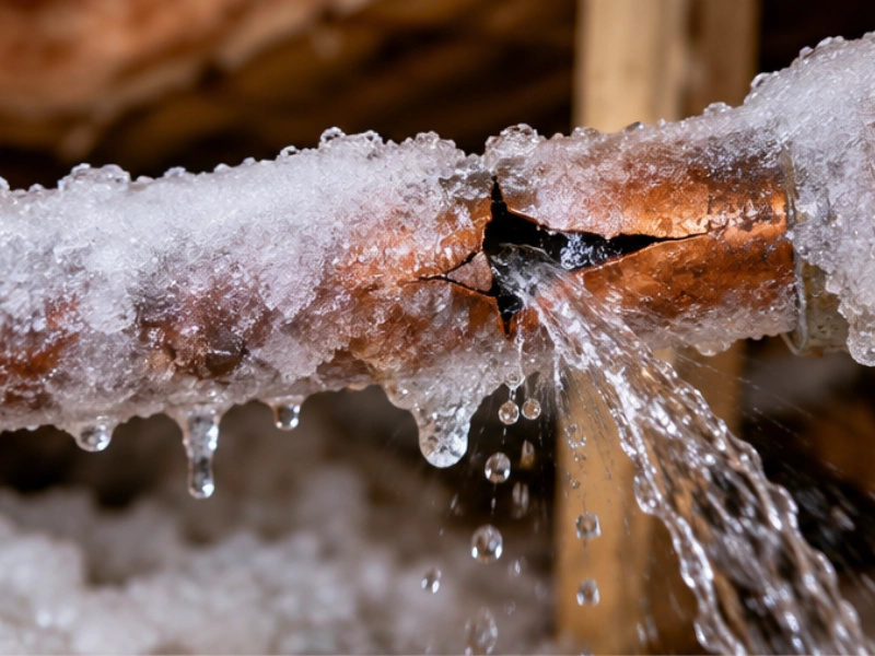 Frozen copper pipe covered in ice with a large crack and water spraying out, a common cause of burst pipes in winter. Frozen copper pipe covered in ice with a large crack and water spraying out, a common cause of burst pipes in winter.