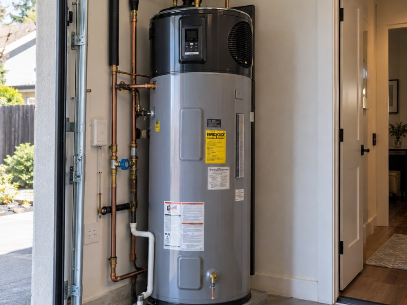 Newly installed heat pump water heater in a garage with copper plumbing and a white drain line.