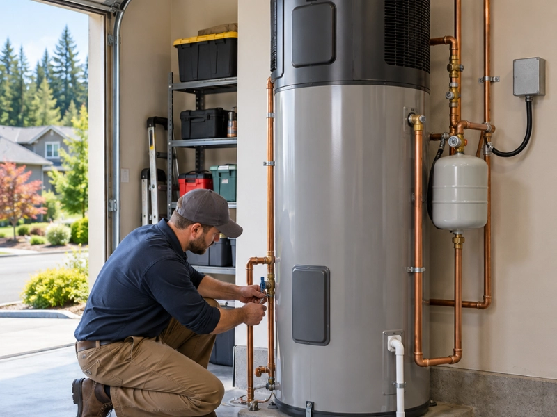 Plumber connecting copper pipes and a shutoff valve on a heat pump water heater with an expansion tank.