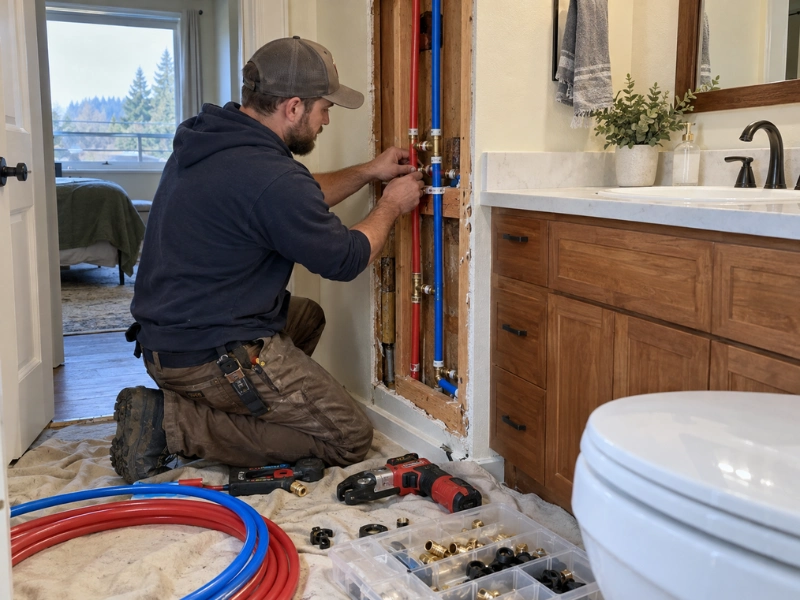 Plumber connecting new PEX water lines inside an open bathroom wall during a home repiping job.