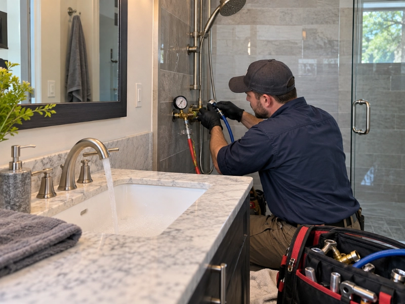 Plumber testing water pressure with a gauge on newly repiped shower plumbing in a bathroom.