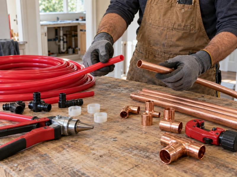 PEX tubing, copper pipe, fittings and an expansion tool on a workbench for choosing repipe materials.