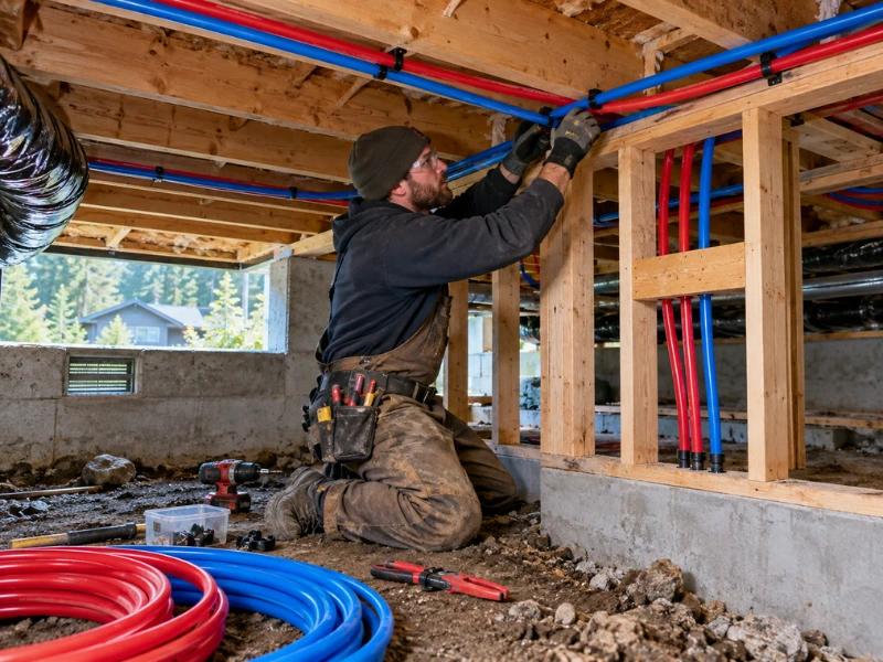 Plumber running red and blue PEX lines to a manifold in a crawl space during a whole-house repipe.