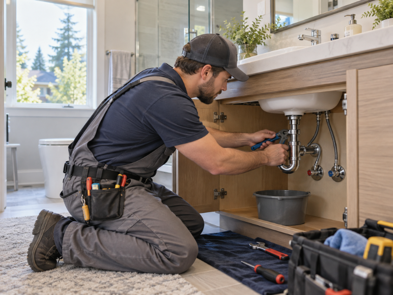 Plumber tightening the P-trap and supply lines under a bathroom sink during a general plumbing repair.