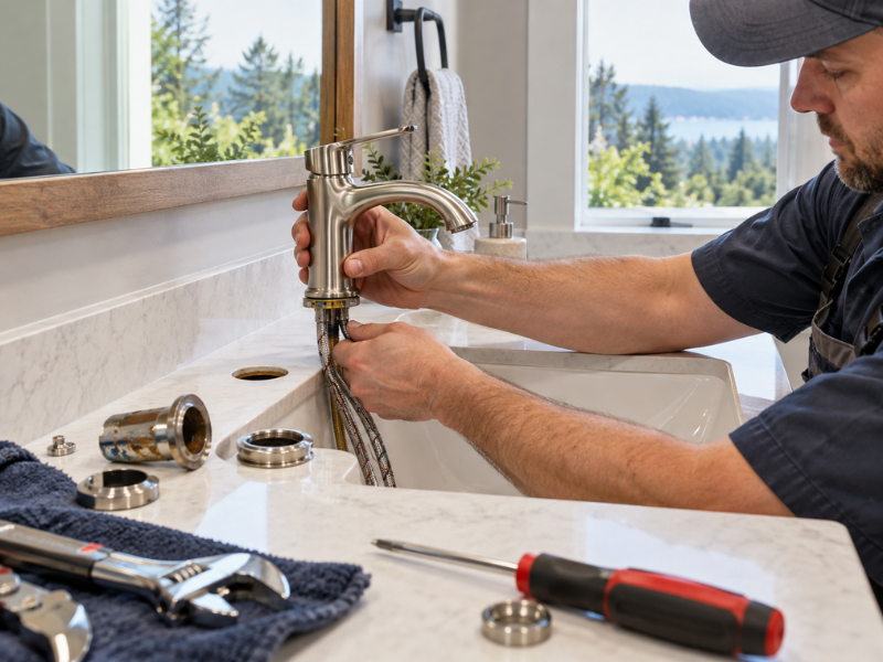 Plumber installing a new brushed nickel faucet on a bathroom vanity during a general plumbing service.