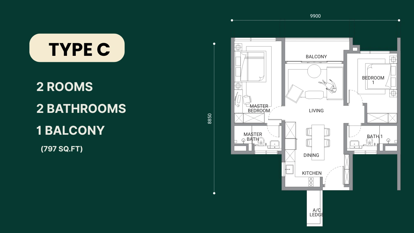 797 sqft Enlace condo floor plan with functional open-concept living area