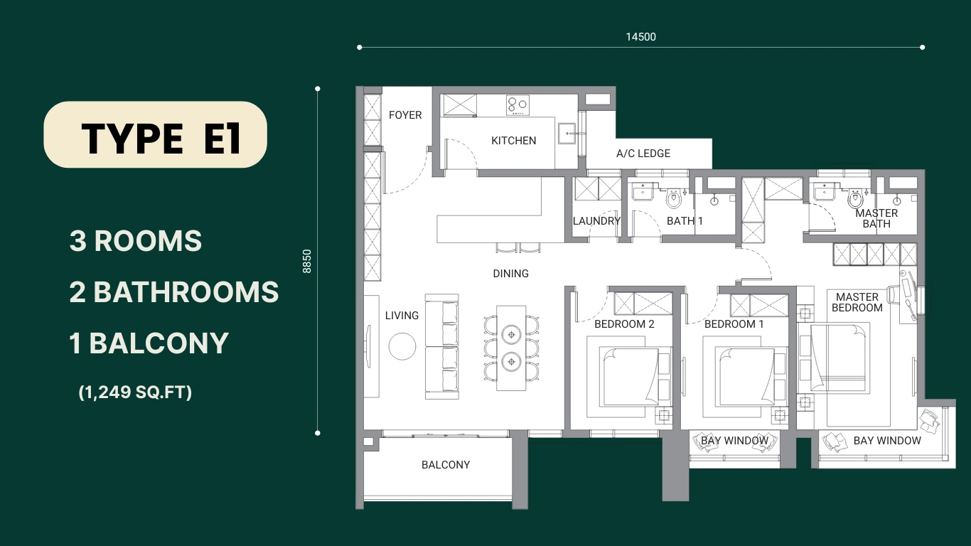 1,249 sqft Enlace condo layout featuring master suite and dual balconies
