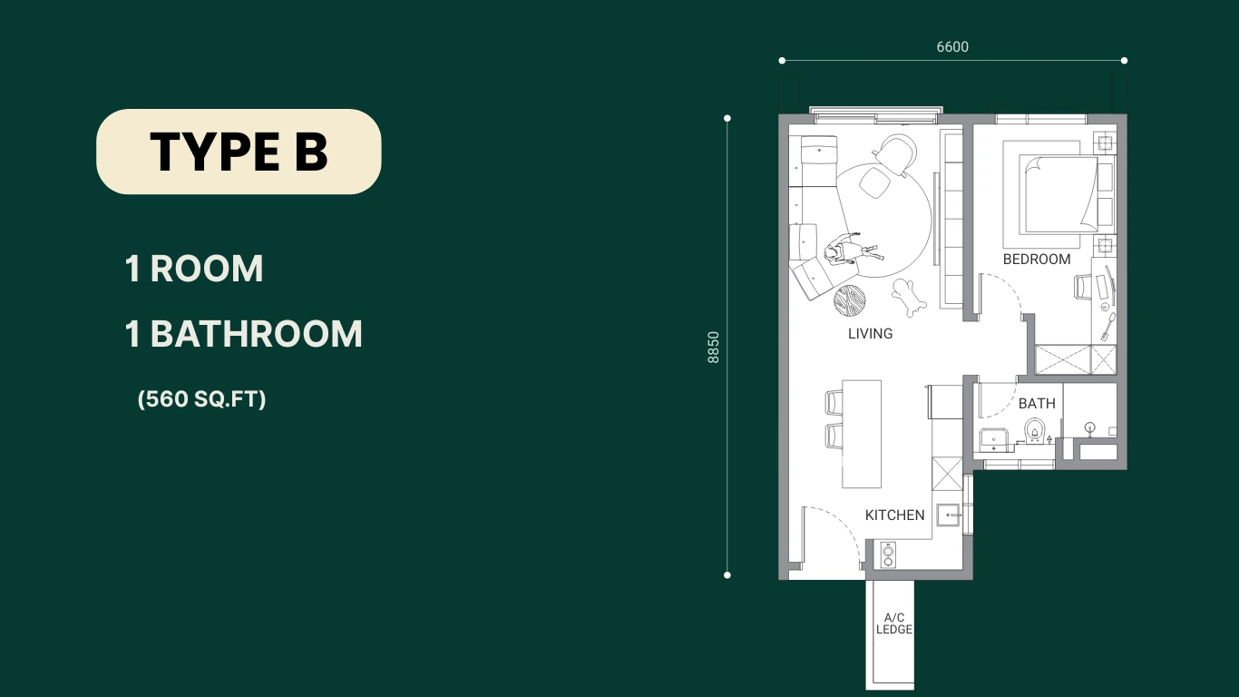 560 sqft Enlace condo floor plan with functional open-concept living area
