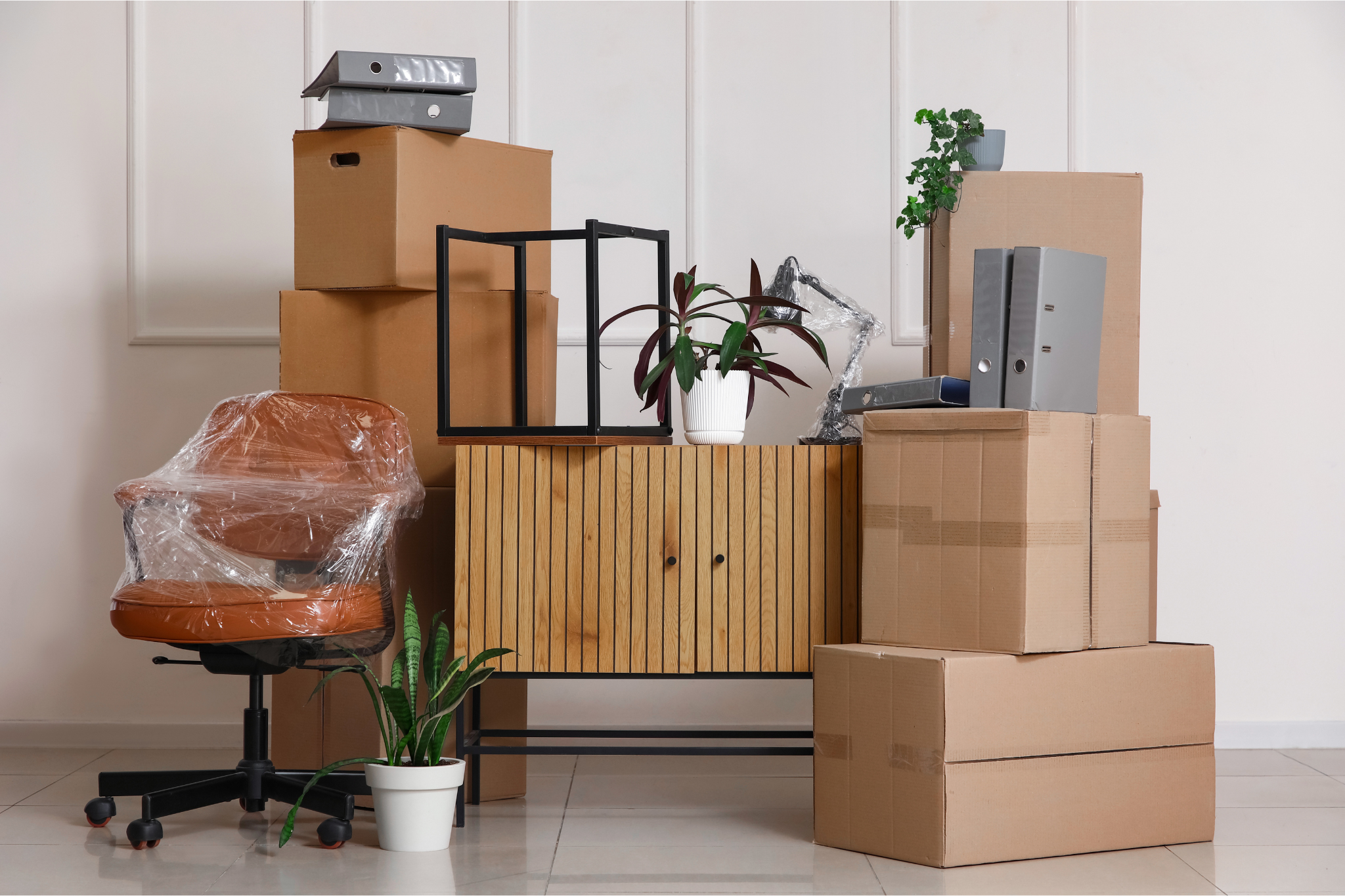 Shelves filled with labeled plastic bins and supplies.