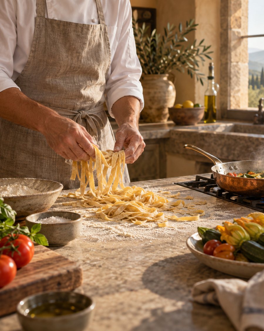 The chef lifting ribbons of fresh handmade pasta over a floured stone counter, with tomatoes, zucchini flowers and a sunlit window onto cypress hills