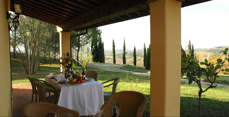 Cipresso's covered terrace with a set table and a view of cypress trees and hills