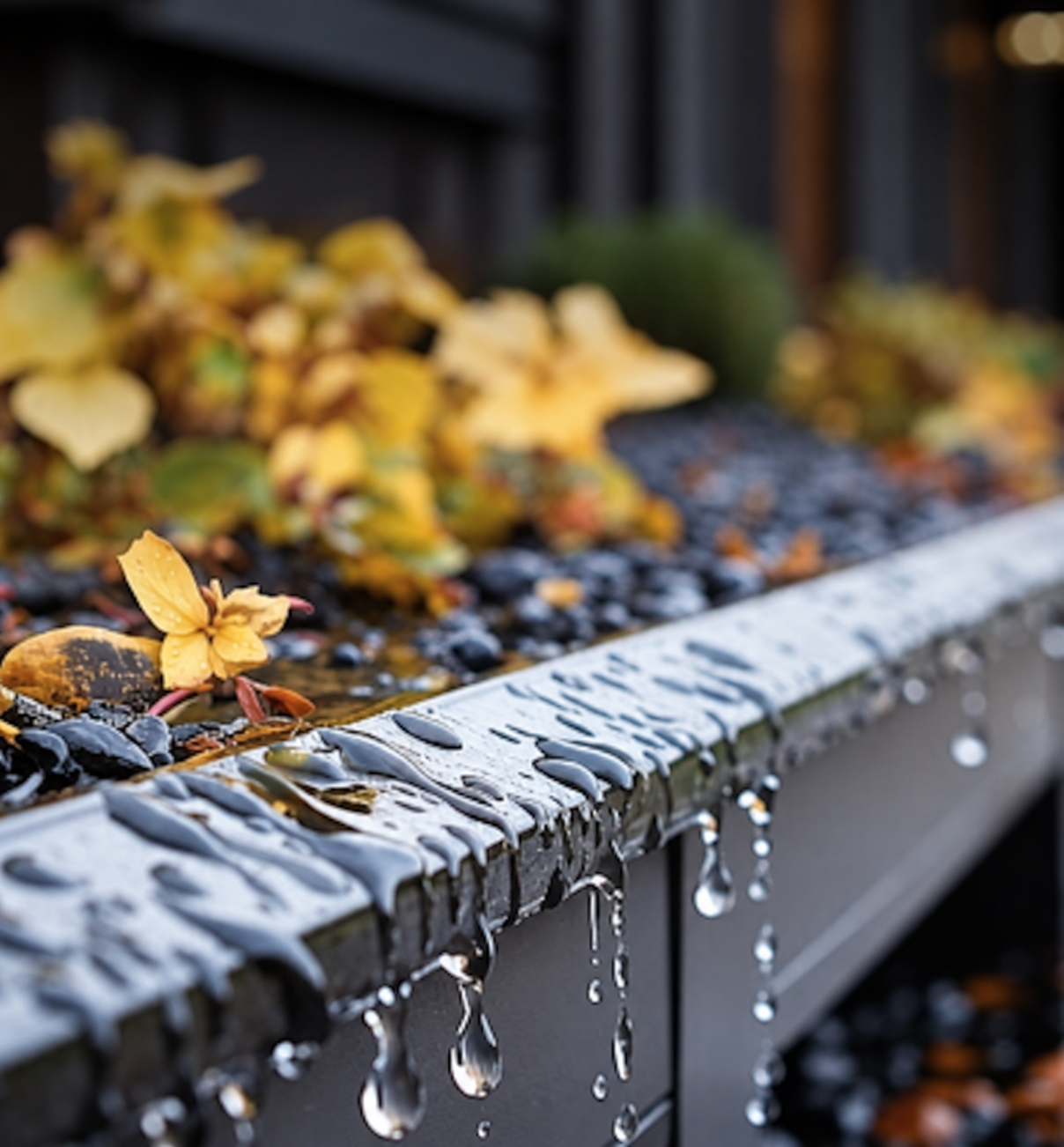A clogged gutter overflowing with rainwater