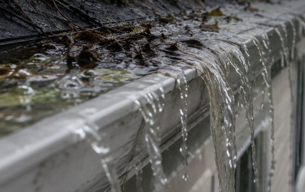 A filthy clogged gutter overflowing with rainwater