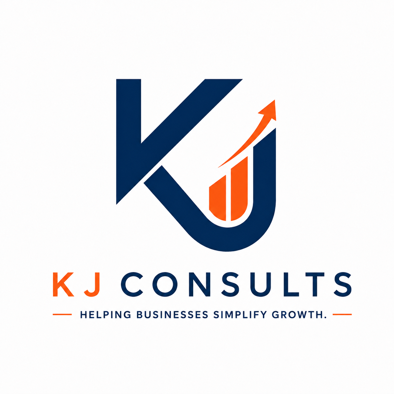 KJ Consults — Helping businesses simplify growth. Navy KJ monogram with an orange growth arrow.