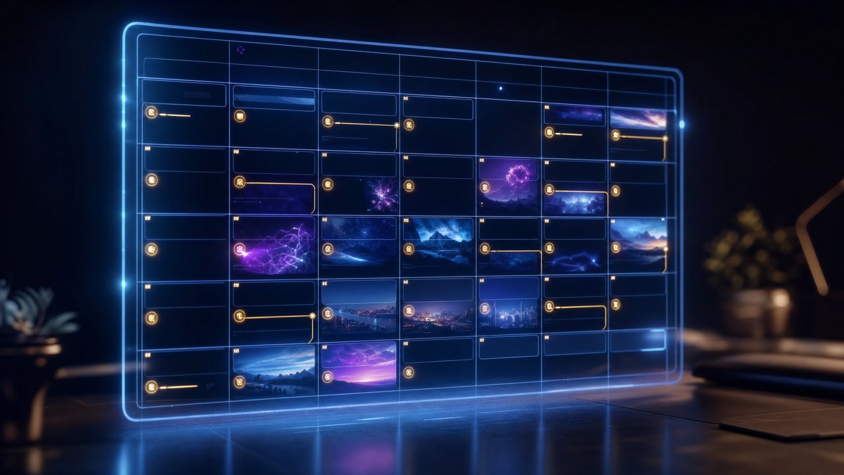 AI social media scheduling calendar as a glowing holographic grid with gold-accented posts