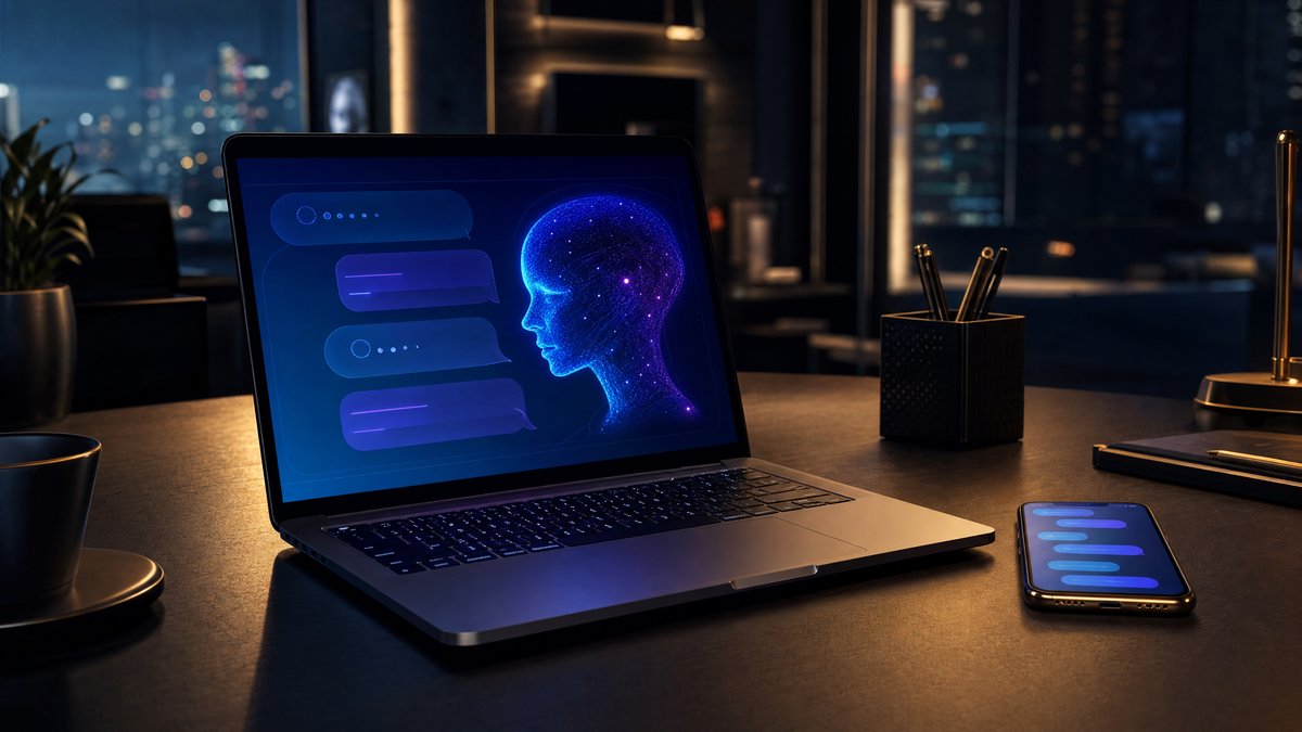Smart Webchat Widget — AI chat interface on a laptop with blue glow and smartphone beside it