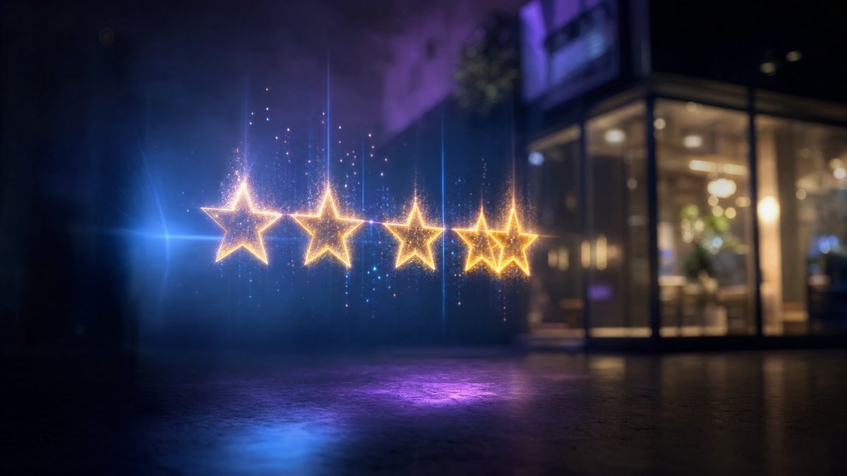 Automated Review Requests — Five glowing gold stars floating in a dark cinematic scene