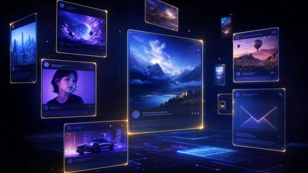 Content AI Generator — Holographic social media and email panels floating in a dark studio