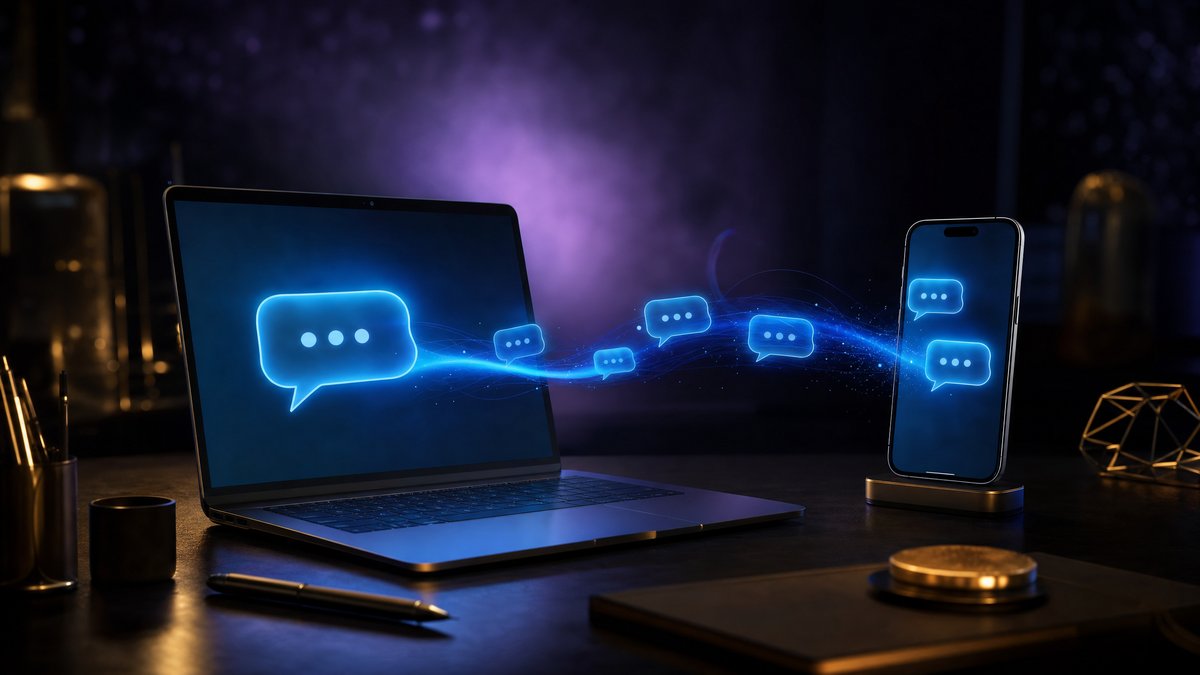 Chat bubbles flowing from laptop to smartphone showing seamless webchat-to-SMS transition