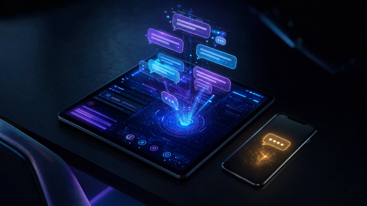 Conversation AI — Holographic chat bubbles rising from a tablet with SMS handoff to smartphone