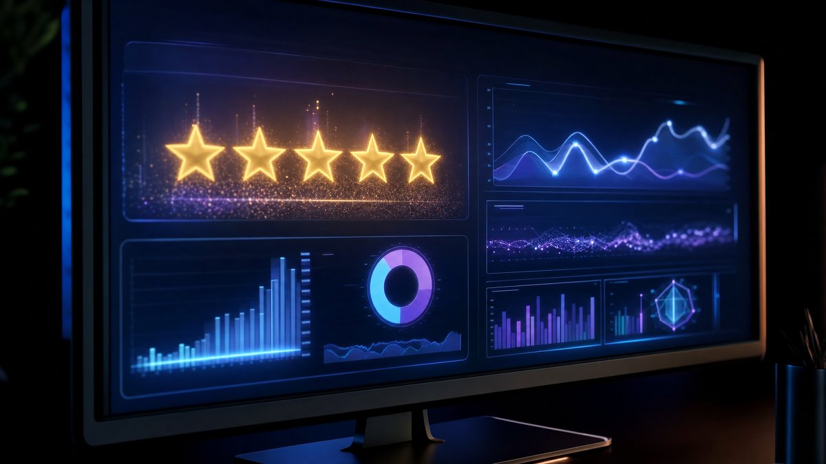 Reputation dashboard on a dark monitor showing gold five-star ratings and analytics charts