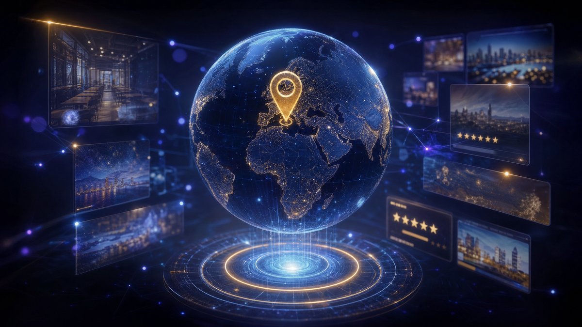 GEO AI Overviews — Holographic globe with gold location pin and AI search panels