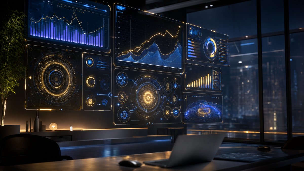 AI Tools for Small Business — Futuristic command center with holographic dashboards