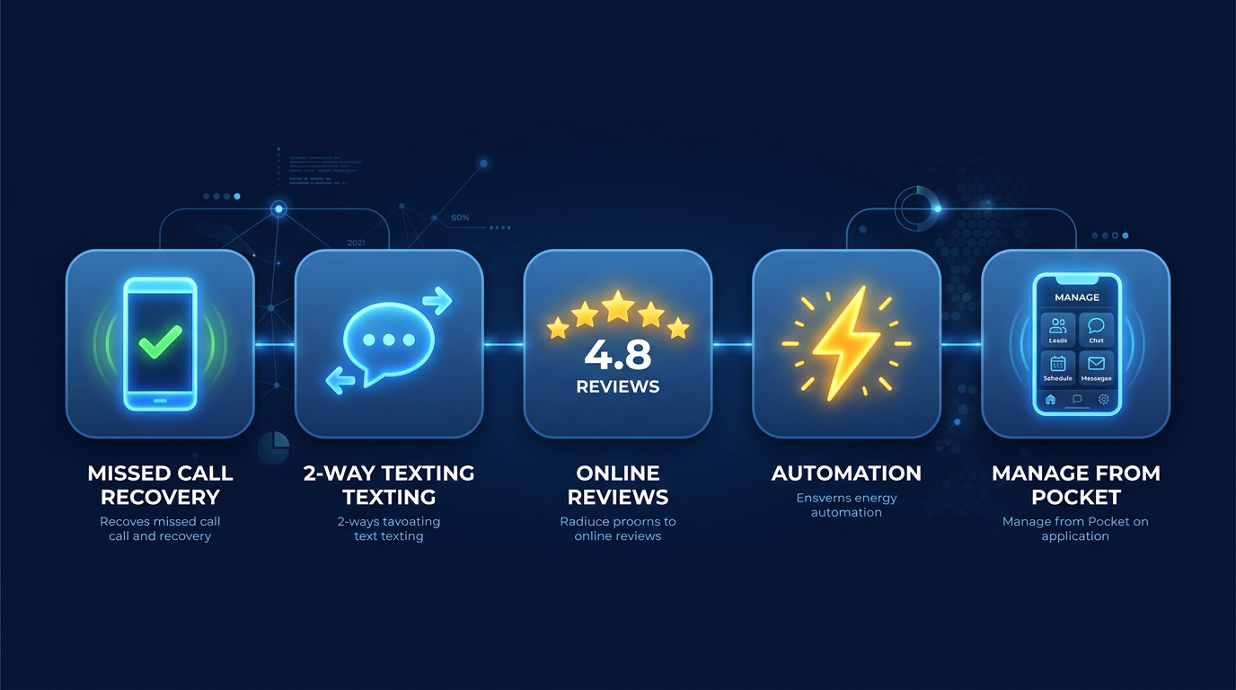 Five key capabilities of an all-in-one business platform: missed call recovery, 2-way texting, online reviews, automation, and mobile management