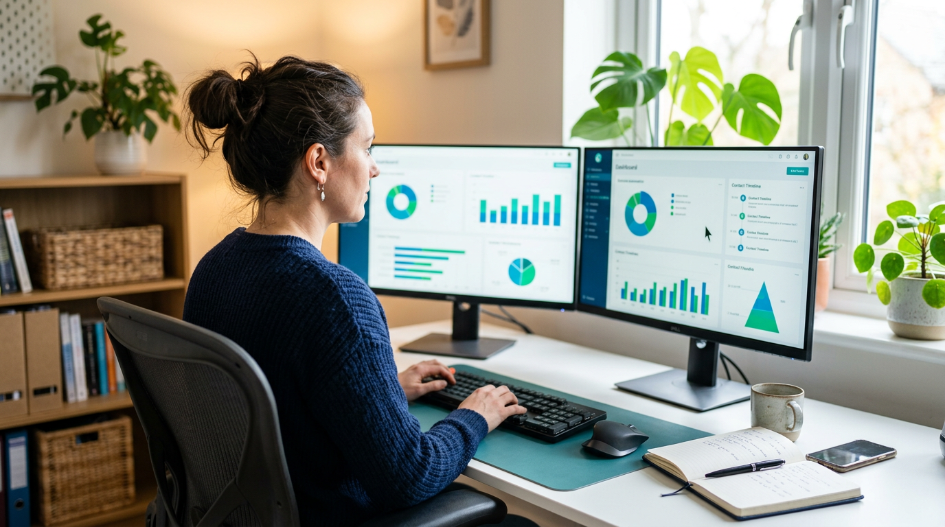 Female small business owner reviewing automation dashboard on dual monitors in a home office