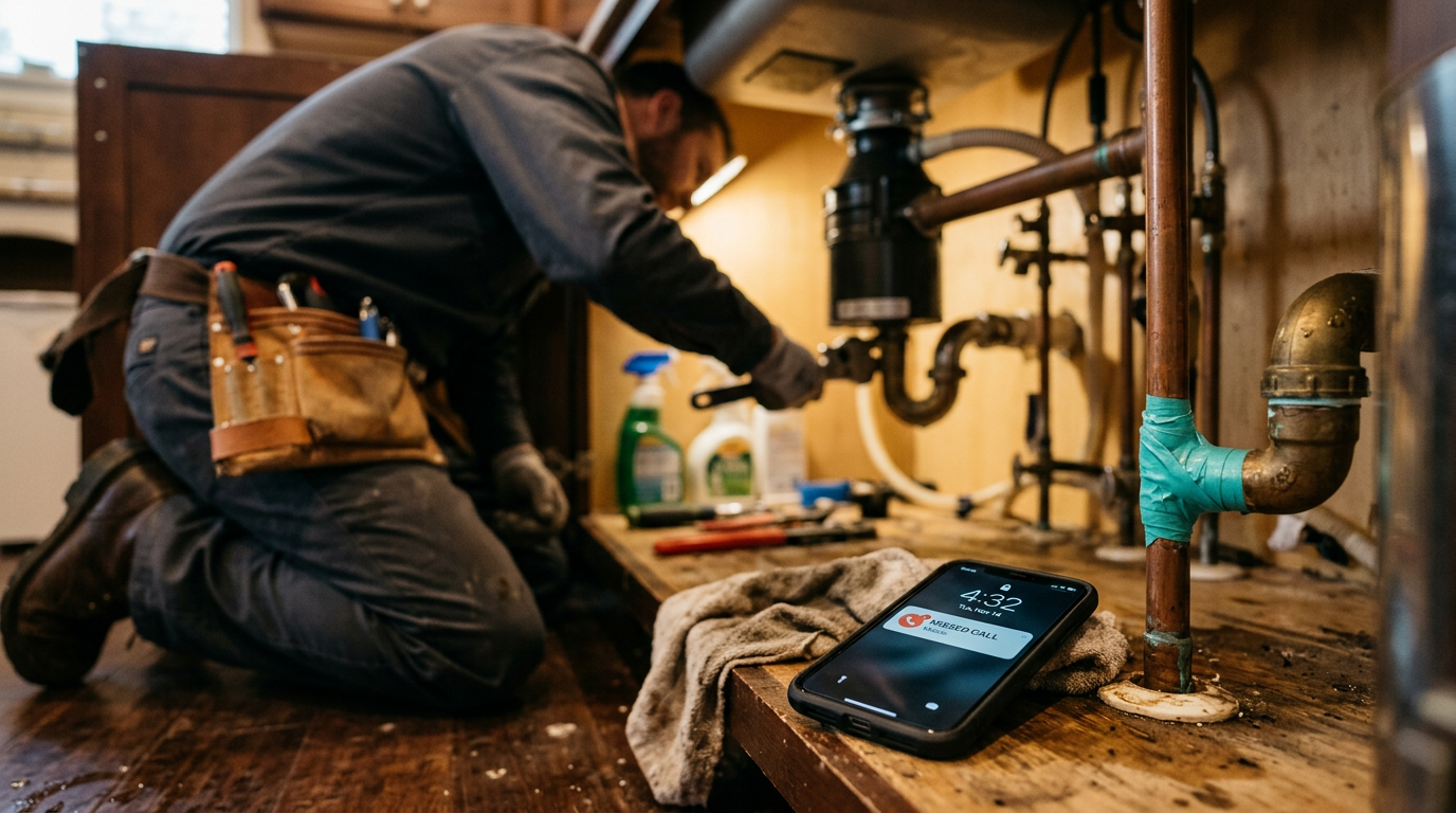 Plumber on a job with his phone face-up on the floor showing a missed call notification