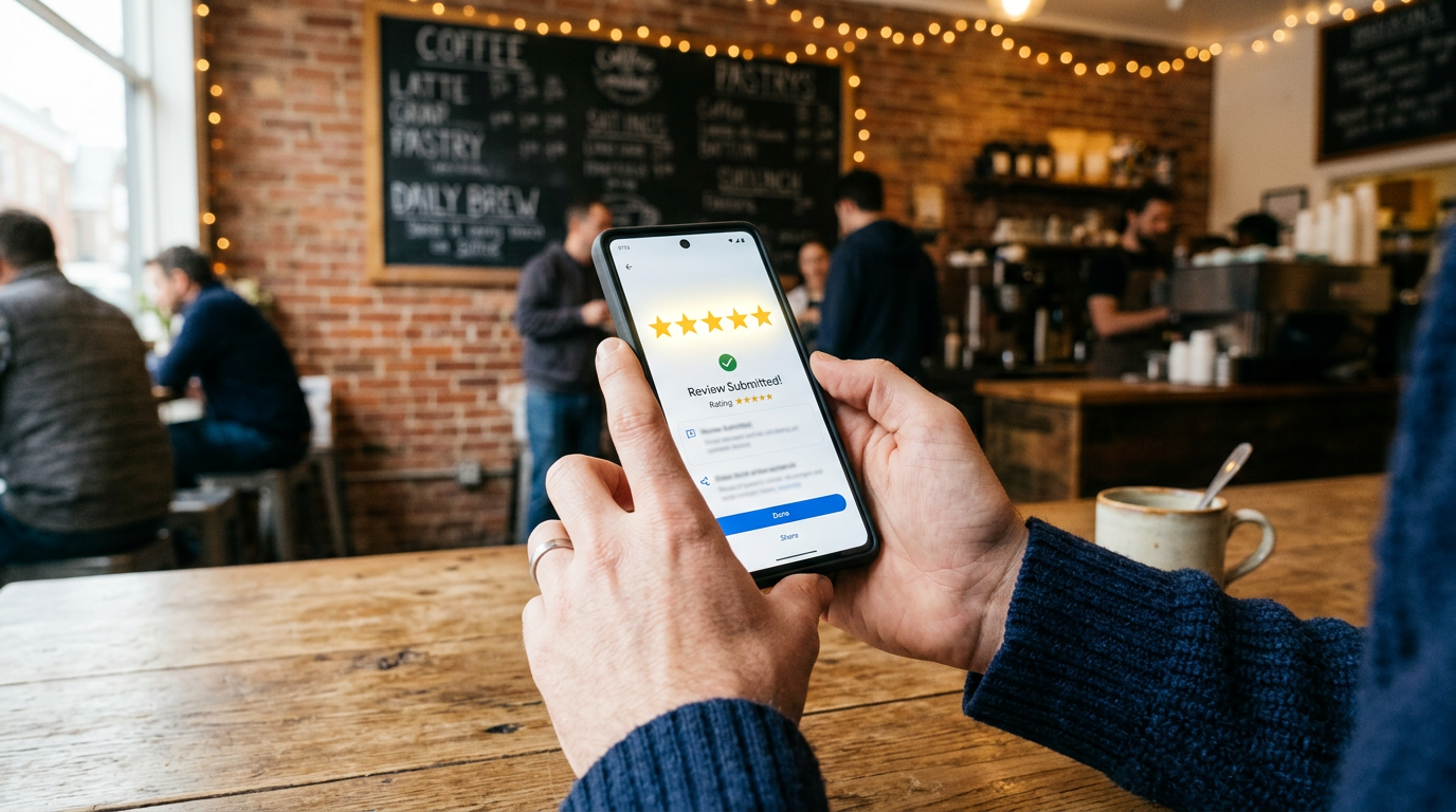 Close-up of hands holding a smartphone displaying a five-star review confirmation screen inside a softly blurred coffee shop