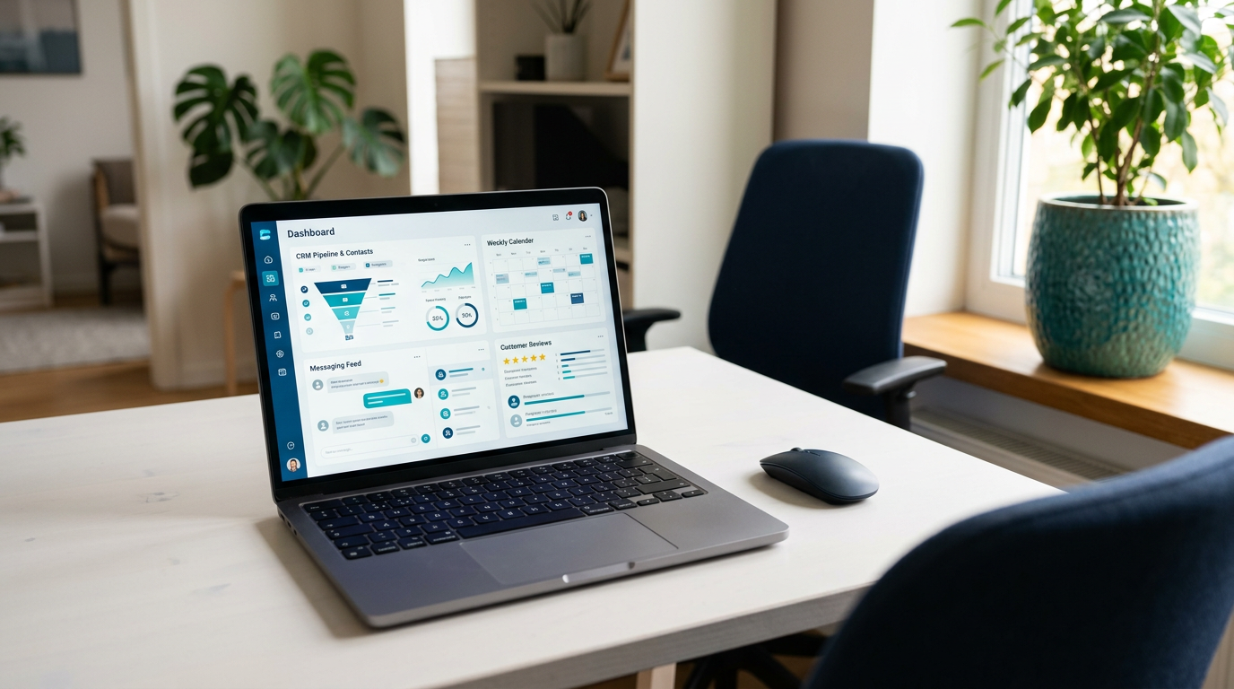 Single open laptop on a minimal desk showing a unified all-in-one business dashboard with a teal plant and navy chair in background