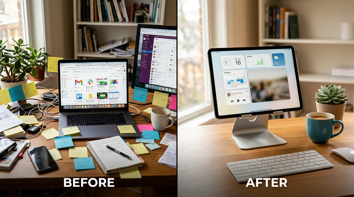 Before and after comparison of a cluttered multi-app desk versus a clean single-dashboard setup
