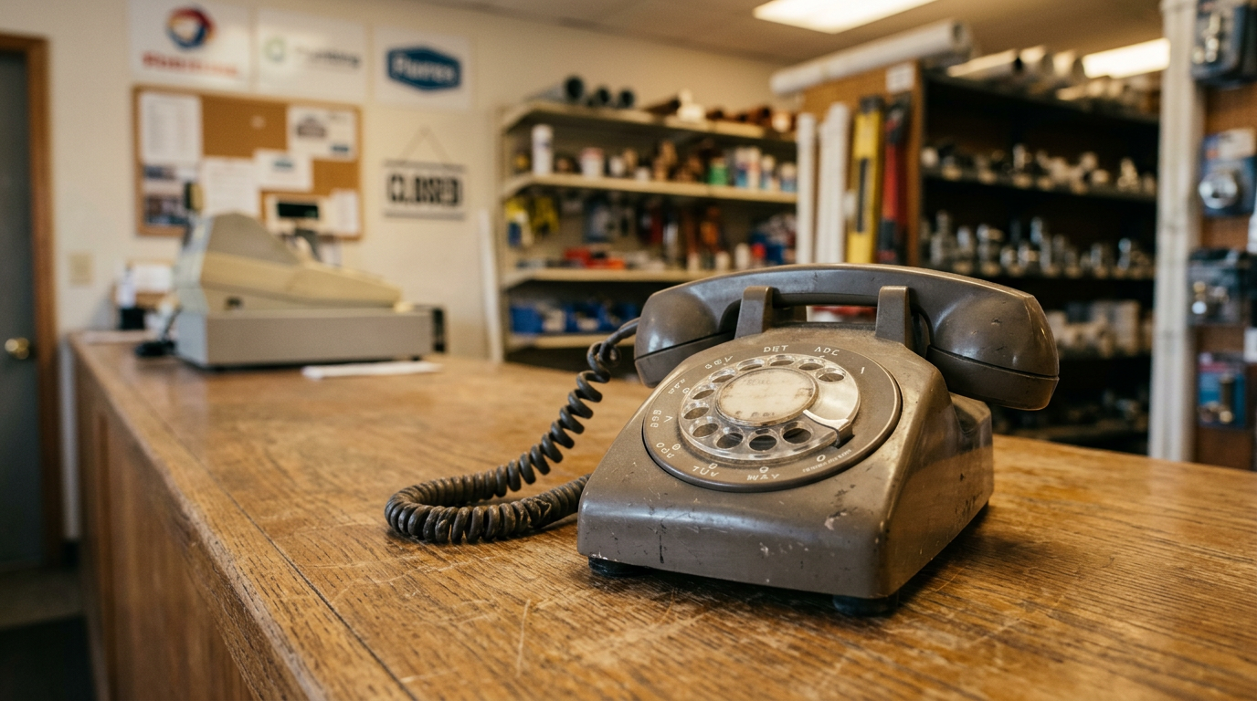 Unanswered phone ringing on the counter of an empty small business front desk